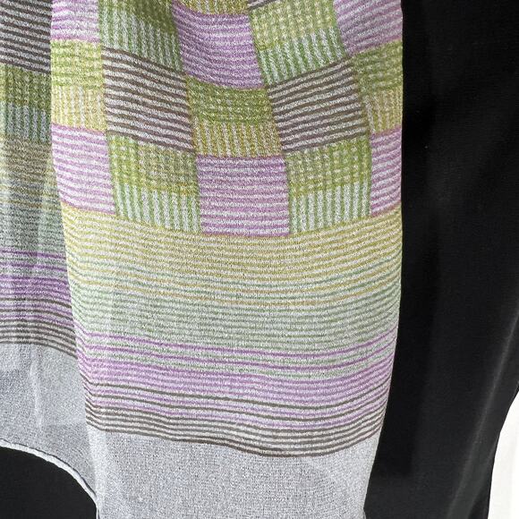 Vintage Echo Scarf, Sheer Green and Purple Plaid, Long Rectangle Retro - Picture 4 of 6